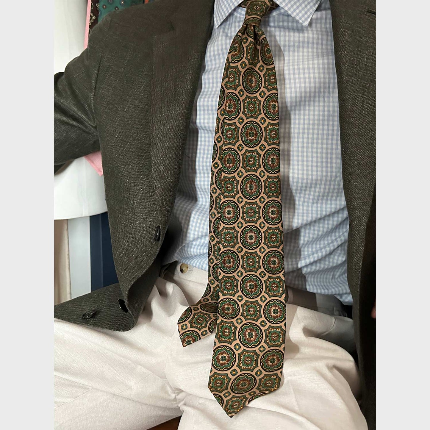 F.Marino Silk Tie 3 Folds Mandala Sand Beige-Wools Boutique Uomo
