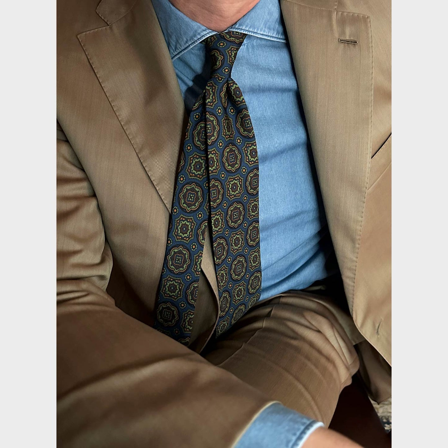 F.Marino Silk Tie 3 Folds Mandala Petrol Blue-Wools Boutique Uomo