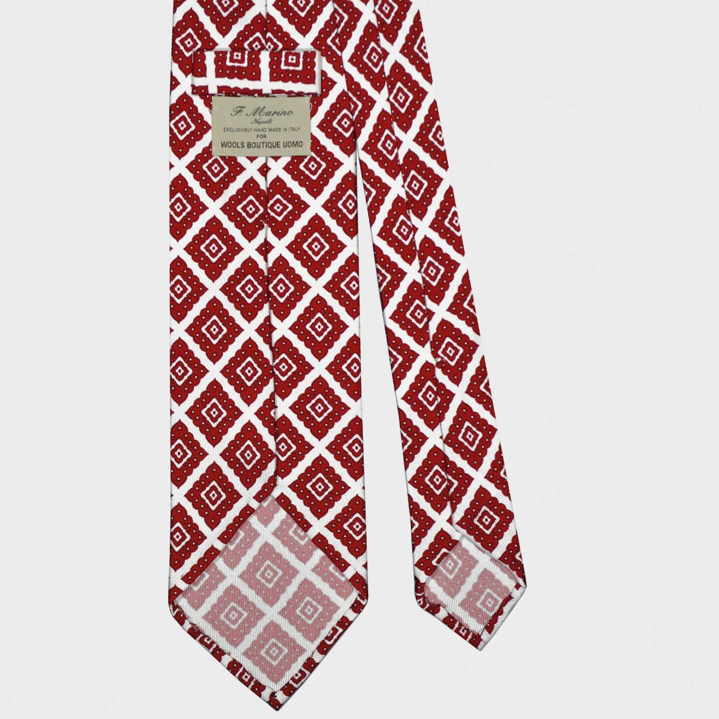 F.Marino Silk Tie 3 Folds Ornamental Rhombus Brick Red-Wools Boutique Uomo