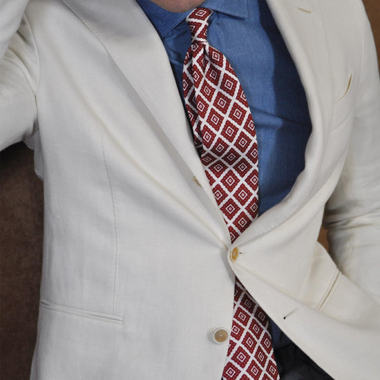 F.Marino Silk Tie 3 Folds Ornamental Rhombus Brick Red-Wools Boutique Uomo