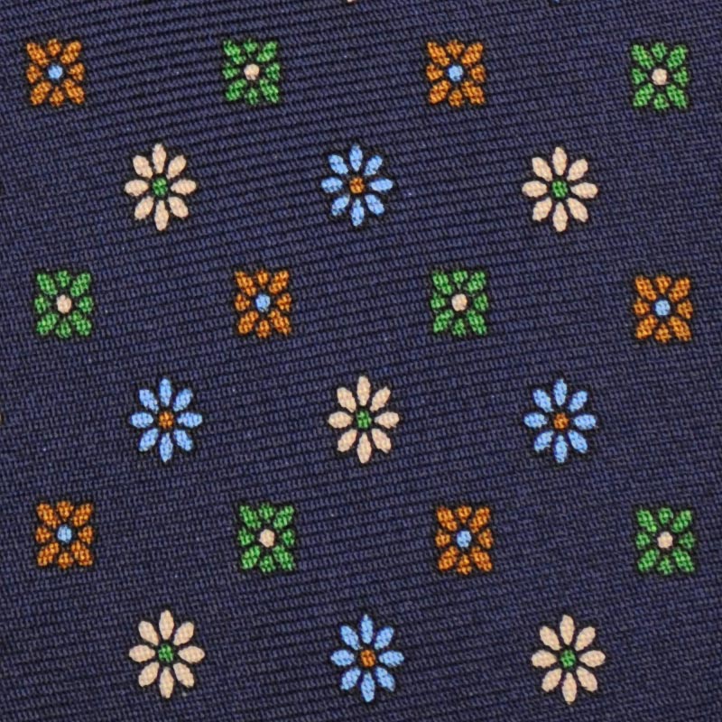 F.Marino Handmade 7-Folds Silk Tie Micro Flowers Navy Blue-Wools Boutique Uomo