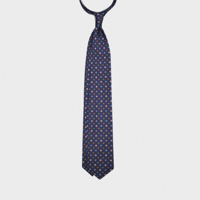 F.Marino Handmade 7-Folds Silk Tie Micro Flowers Navy Blue-Wools Boutique Uomo