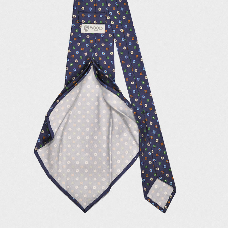 F.Marino Handmade 7-Folds Silk Tie Micro Flowers Navy Blue-Wools Boutique Uomo