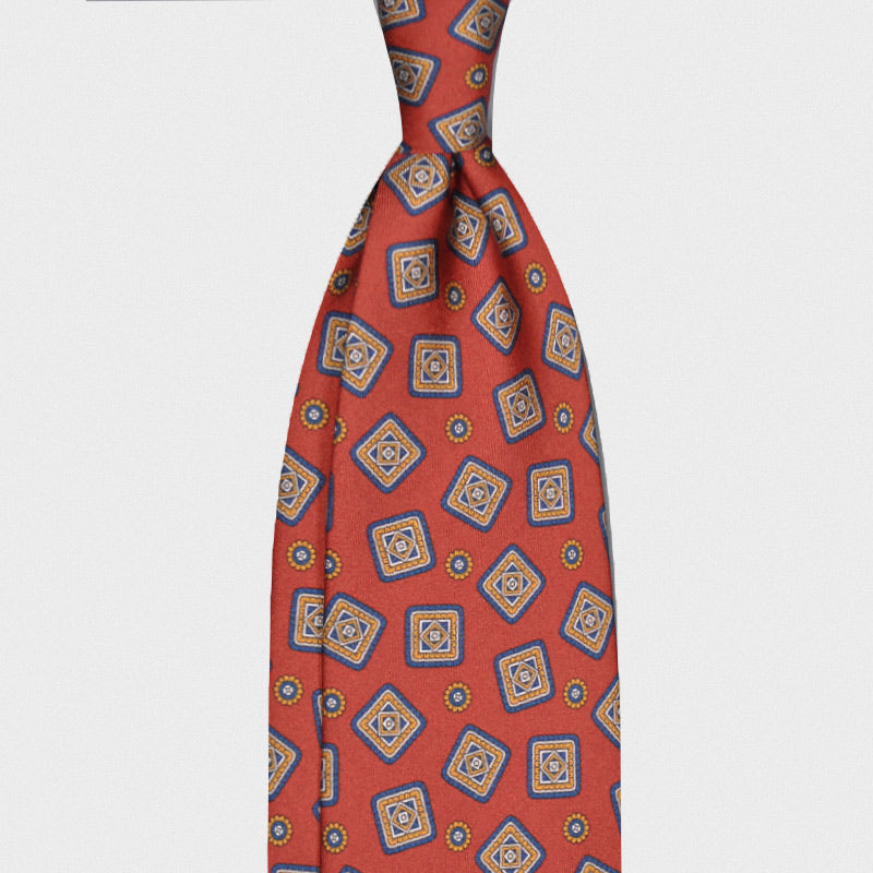 F.Marino Handmade 7 Folds Silk Tie Medallions Coral-Wools Boutique Uomo