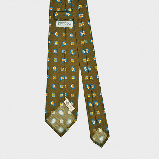 F.Marino Handmade Linen Silk Tie 3-Fold Paisley Green Mud-Wools Boutique Uomo
