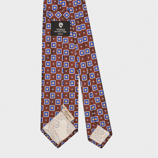 F.Marino Handmade Silk Tie Brown Damask Paisley Blu Squares-Wools Boutique Uomo