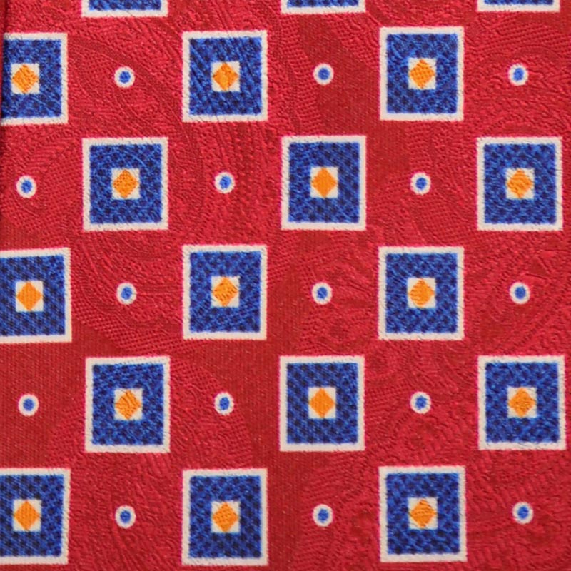 F.Marino Handmade Silk Tie Red Damask Paisley Blu Squares-Wools Boutique Uomo
