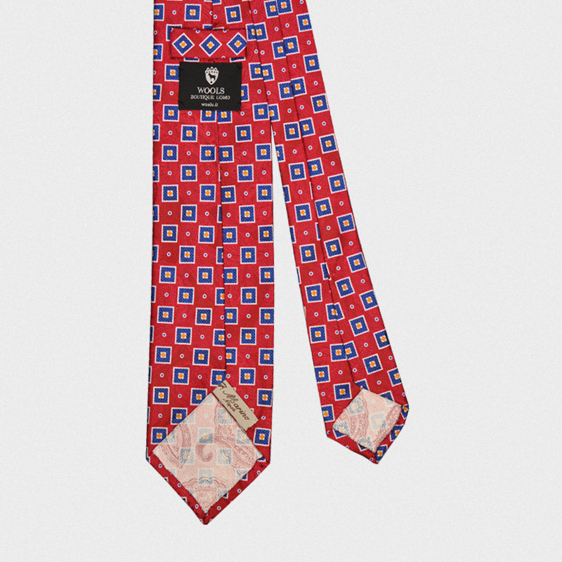 F.Marino Handmade Silk Tie Red Damask Paisley Blu Squares-Wools Boutique Uomo