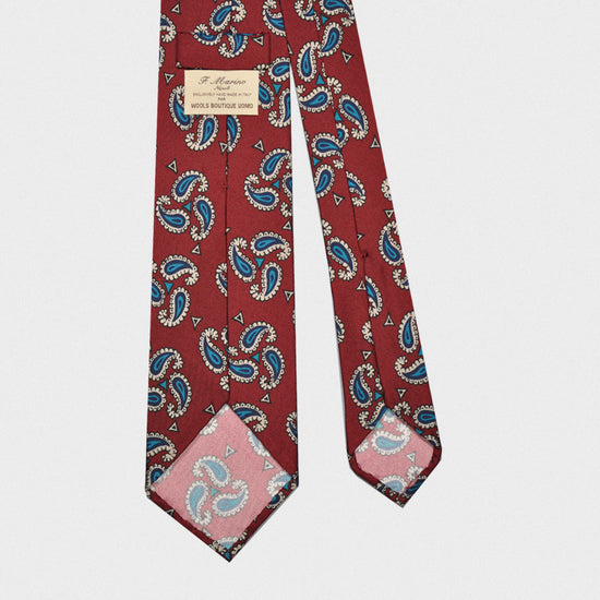 Red silk tie with turquoise paisley pattern, handmade tie in Italy by F.Marino Napoli exclusive for Wools Boutique Uomo