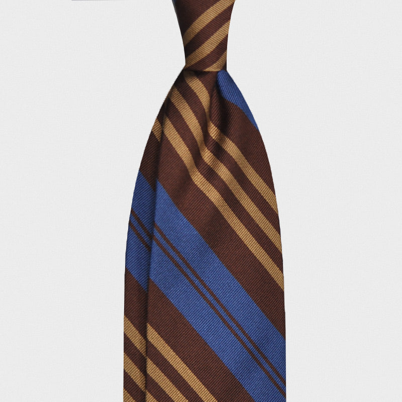 F.Marino Handmade Regimental Silk Tie 3-Fold Brown Bluette-Wools Boutique Uomo