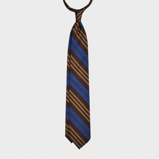 F.Marino Handmade Regimental Silk Tie 3-Fold Brown Bluette-Wools Boutique Uomo