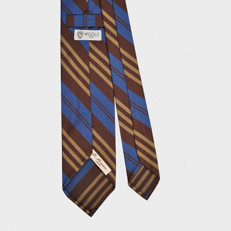 F.Marino Handmade Regimental Silk Tie 3-Fold Brown Bluette-Wools Boutique Uomo