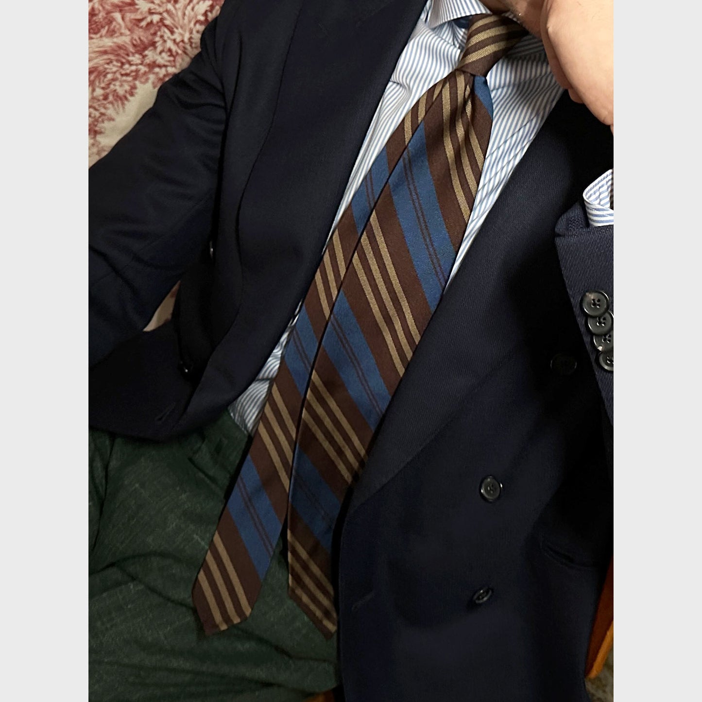F.Marino Handmade Regimental Silk Tie 3-Fold Brown Bluette-Wools Boutique Uomo