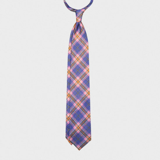 F.Marino Handmade Tie Linen Silk 3-Fold Tartan Blue-Wools Boutique Uomo