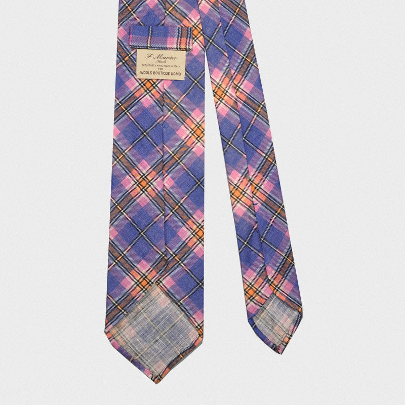 F.Marino Handmade Tie Linen Silk 3-Fold Tartan Blue-Wools Boutique Uomo