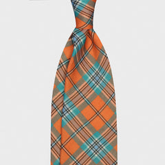 F.Marino Cravate Faite Main Lin Soie 3 Plis Tartan Orange
