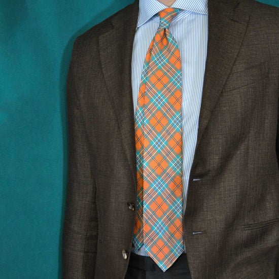 F.Marino Handmade Tie Linen Silk 3-Fold Tartan Orange-Wools Boutique Uomo
