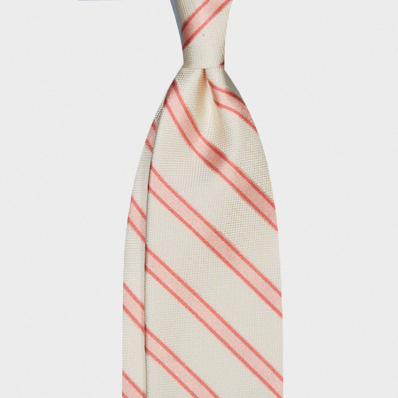 F.Marino Handmade Silk Tie 3-Fold Regimental Ivory Pink-Wools Boutique Uomo