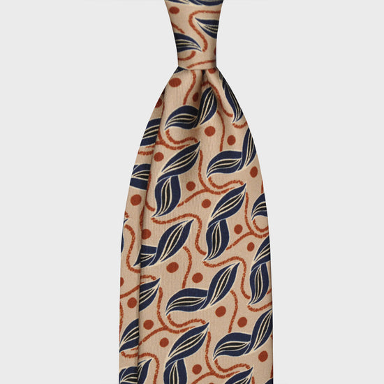 F.Marino Silk Tie Handmade 3 Folds Liberty Leaves Beige-Wools Boutique Uomo