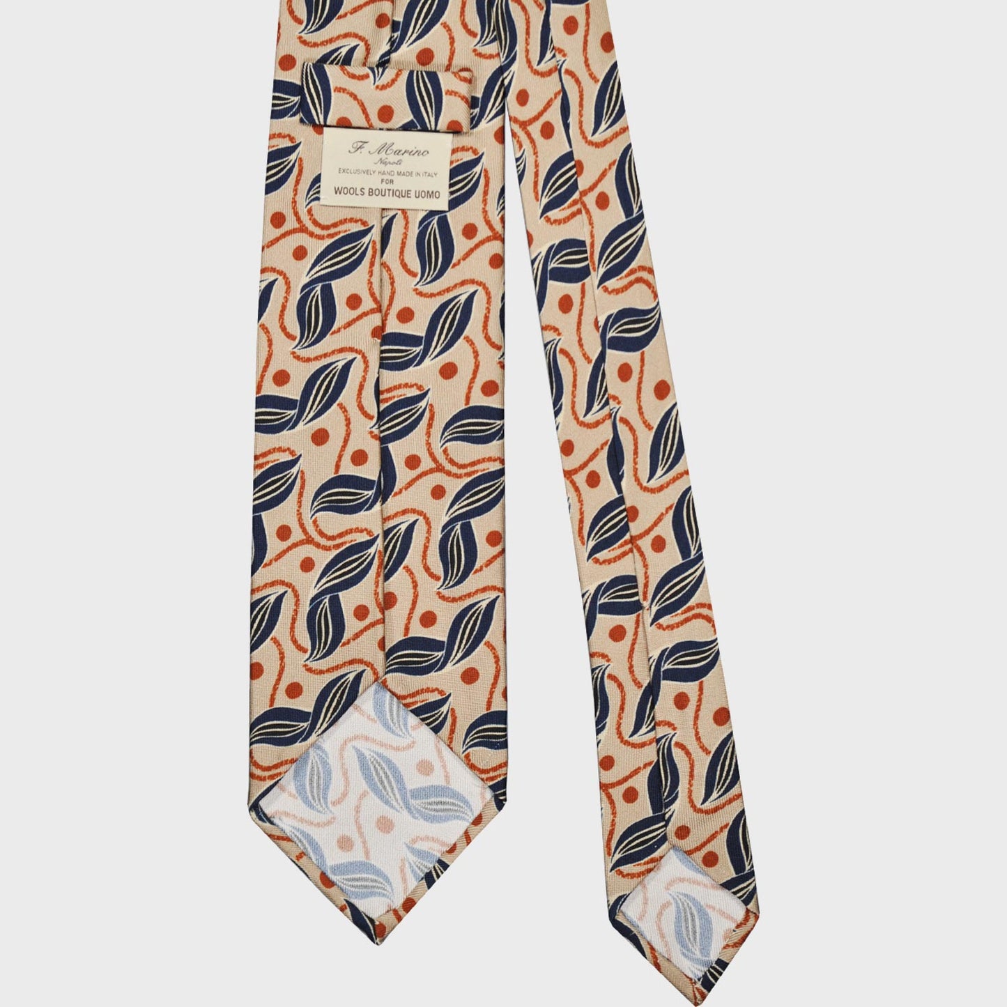 F.Marino Silk Tie Handmade 3 Folds Liberty Leaves Beige-Wools Boutique Uomo