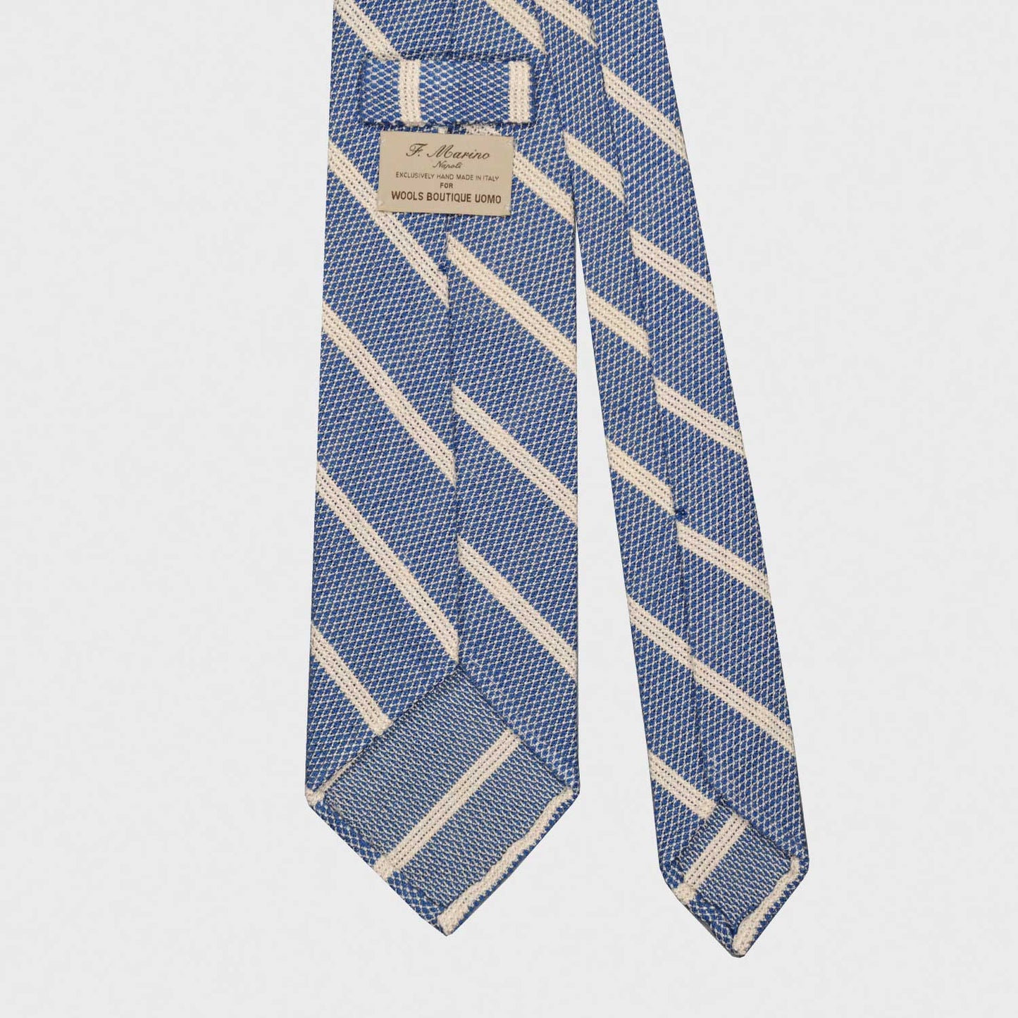 F.Marino Gauze Grenadine Silk Tie Regimental 3 Folds Denim Blue-Wools Boutique Uomo