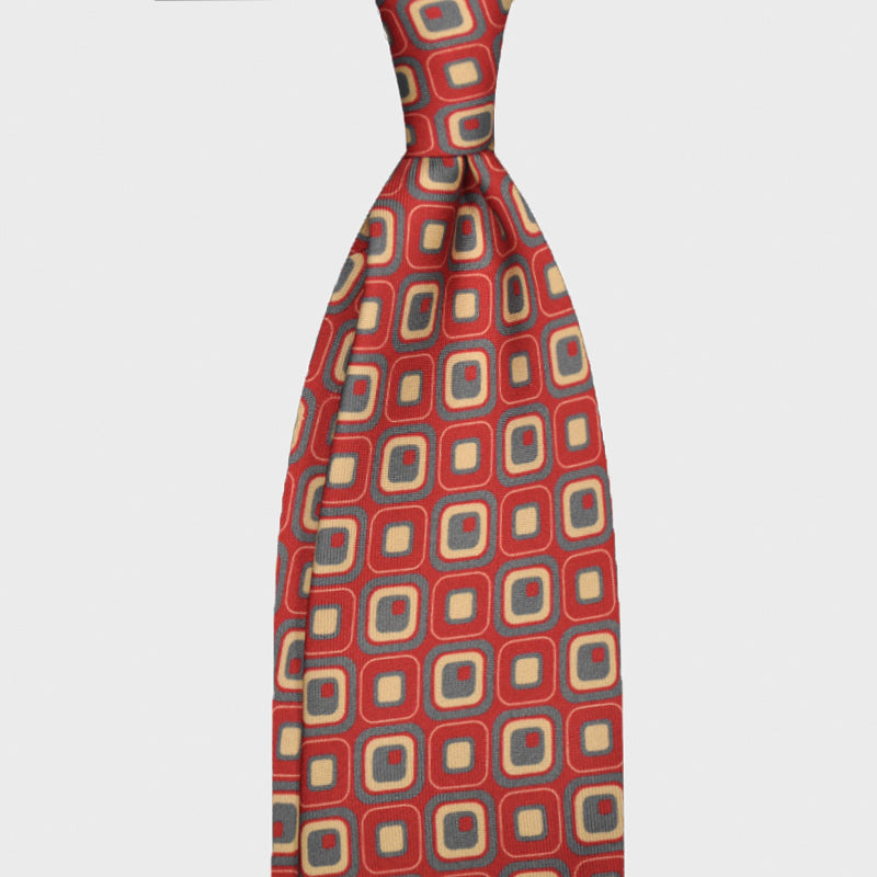 F.Marino Silk Tie 7 Folds Vintage Style 60s Squares Cherry Red-Wools Boutique Uomo