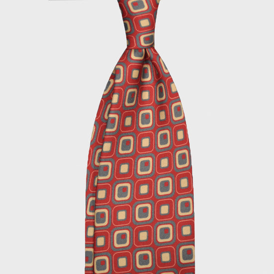 F.Marino Silk Tie 7 Folds Vintage Style 60s Squares Cherry Red-Wools Boutique Uomo