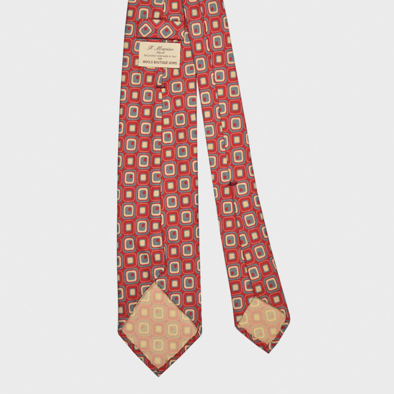 F.Marino Silk Tie 7 Folds Vintage Style 60s Squares Cherry Red-Wools Boutique Uomo