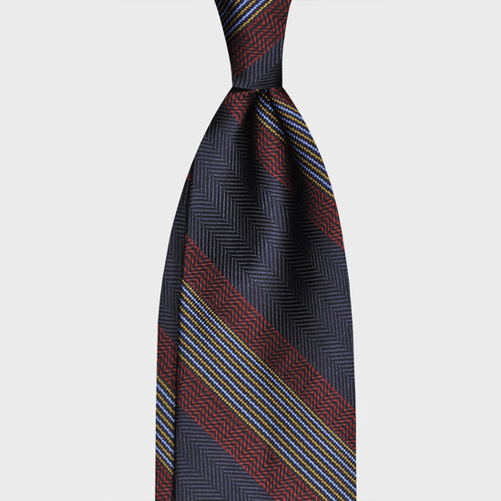 F.Marino Silk Tie 3 Folds Regimental Striped Herringbone Blue-Wools Boutique Uomo