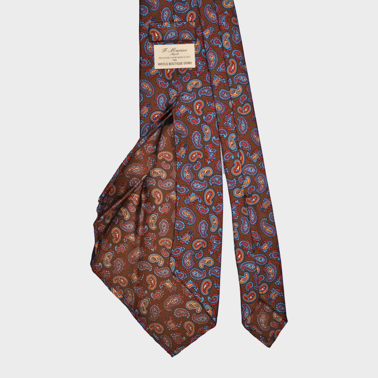 F.Marino Silk Tie 7 Folds Paisley Coffee Brown-Wools Boutique Uomo