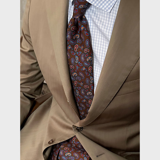 F.Marino Silk Tie 7 Folds Paisley Coffee Brown-Wools Boutique Uomo