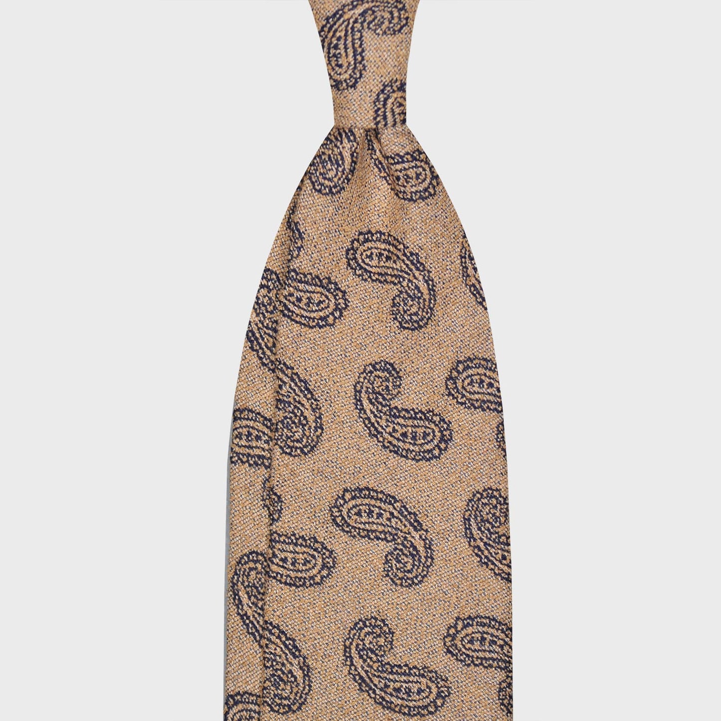 F.Marino Crêpe Silk Wool Tie 3 Folds Paisley Brandy Beige-Wools Boutique Uomo