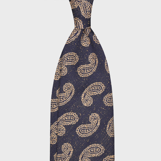 F.Marino Crêpe Silk Wool Tie 3 Folds Paisley Indigo Blue-Wools Boutique Uomo