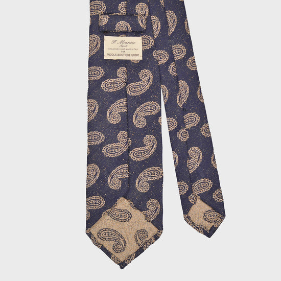 F.Marino Crêpe Silk Wool Tie 3 Folds Paisley Indigo Blue-Wools Boutique Uomo