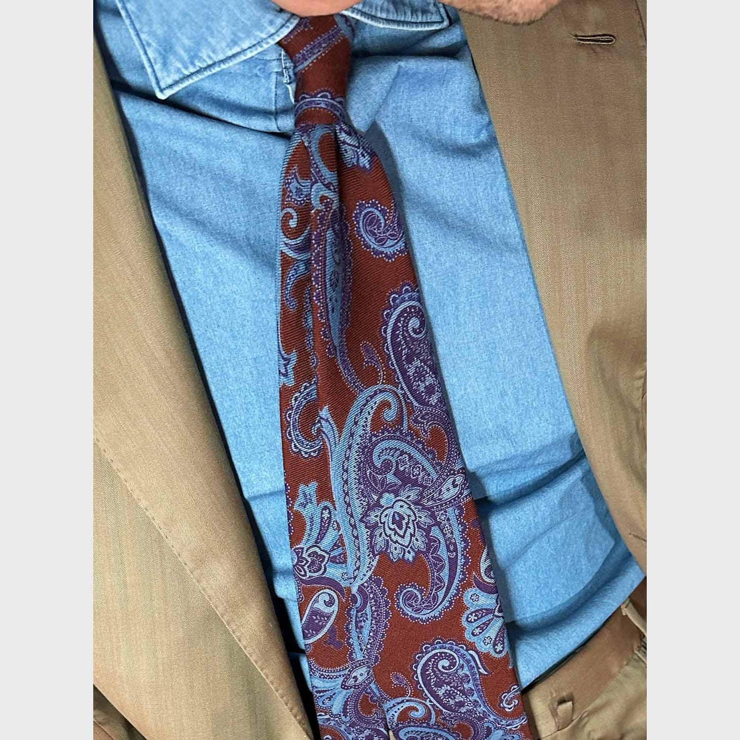 F.Marino Wool Tie 3 Folds Damask Pattern Coffee Brown-Wools Boutique Uomo